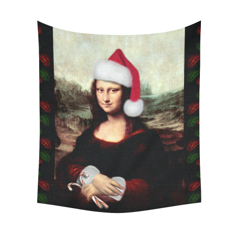 Christmas Mona Lisa with Santa Hat Cotton Linen Wall Tapestry 51"x 60"