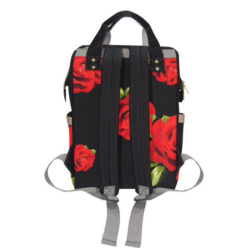 Fairlings Delight's Black Luxury Collection- Red Rose Multi-Function Diaper Backpack 53086c Multi-Function Diaper Backpack/Diaper Bag (Model 1688)