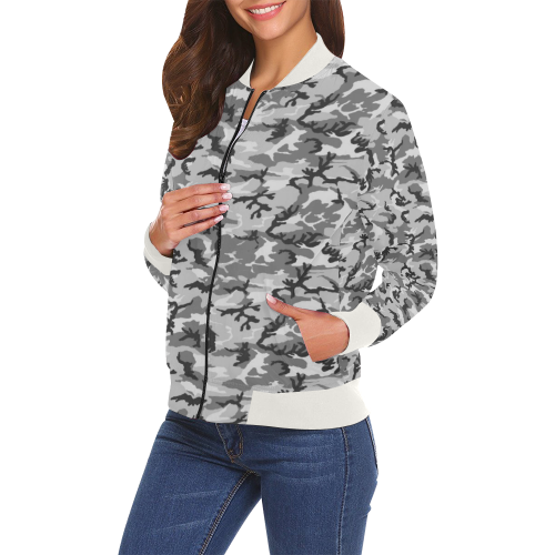 Woodland Urban City Black/Gray Camouflage All Over Print Bomber Jacket for Women (Model H19)