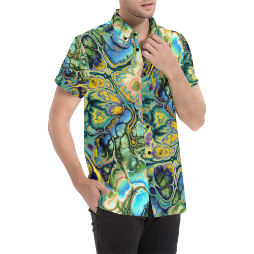 Flower Power Fractal Batik Teal Yellow Blue Salmon Men's All Over Print Short Sleeve Shirt (Model T53)