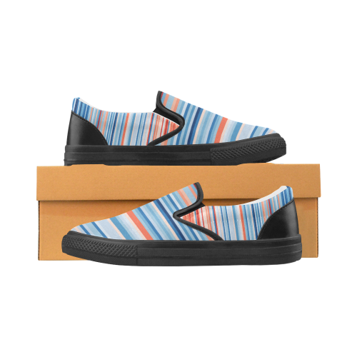 Blue and coral stripe 1 black trim Slip-on Canvas Shoes for Men/Large Size (Model 019)