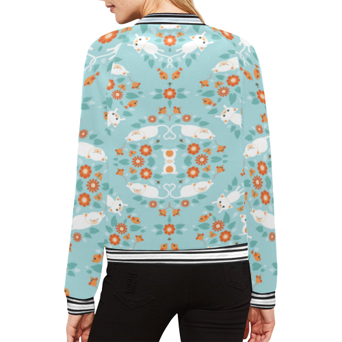 Floral White Cats All Over Print Bomber Jacket for Women (Model H21)