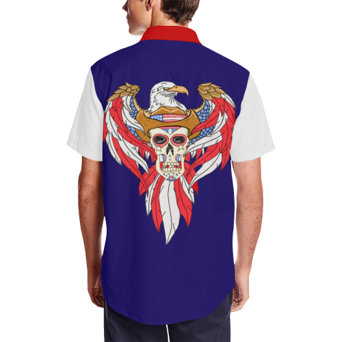 American Eagle Sugar Skull Blue 3 Men's Short Sleeve Shirt with Lapel Collar (Model T54)