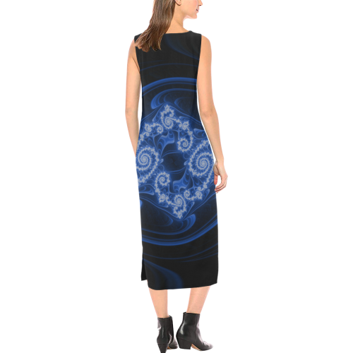Delicate Blue White Lace Fractal Abstract Phaedra Sleeveless Open Fork Long Dress (Model D08)