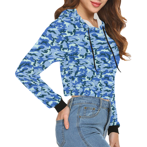 Woodland Blue Camouflage All Over Print Crop Hoodie for Women (Model H22)