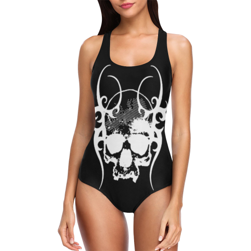 Horned Skull Goth Art Vest One Piece Swimsuit (Model S04)