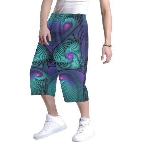 Purple Meets Turquoise Modern Abstract Fractal Art Men's All Over Print Baggy Shorts (Model L37)