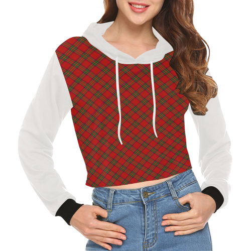 Red Tartan Plaid Pattern Vest Style White All Over Print Crop Hoodie for Women (Model H22)