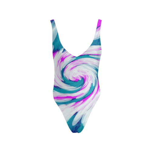 Turquoise Pink Tie Dye Swirl Abstract Sexy Low Back One-Piece Swimsuit (Model S09)