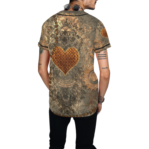 Steampuink, rusty heart with clocks and gears All Over Print Baseball Jersey for Men (Model T50)