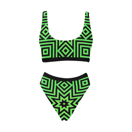 Green/Black Tribal Pattern Sport Top & High-Waisted Bikini Swimsuit (Model S07)
