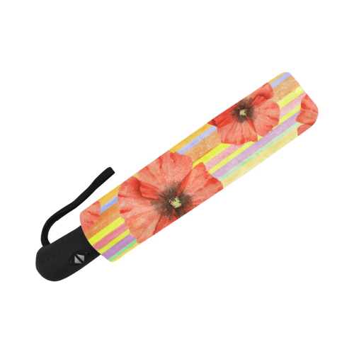 Watercolor STRIPES red POPPIES Blossoms Anti-UV Auto-Foldable Umbrella (Underside Printing) (U06)