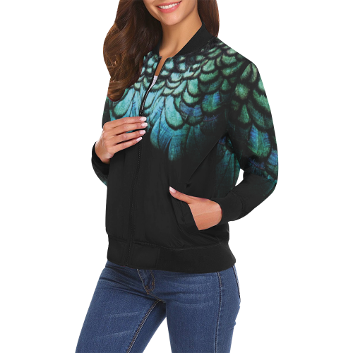 blue feathered peacock wings animalprint design by cglightningART All Over Print Bomber Jacket for Women (Model H19)