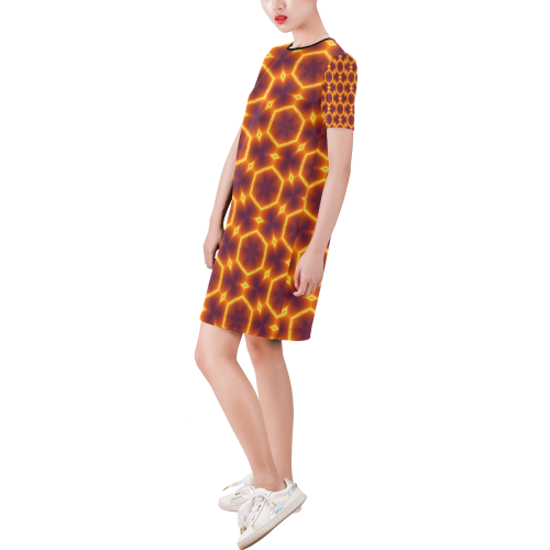 Orange Kaleidoscope Hexagonals Designed Dress Short-Sleeve Round Neck A-Line Dress (Model D47)