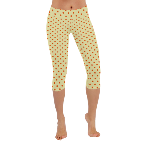 Tangerine Orange Polka Dots on Yellow Women's Low Rise Capri Leggings (Invisible Stitch) (Model L08)