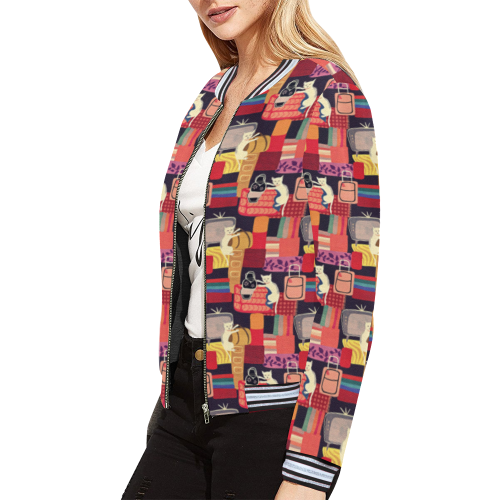 Cats with Television All Over Print Bomber Jacket for Women (Model H21)
