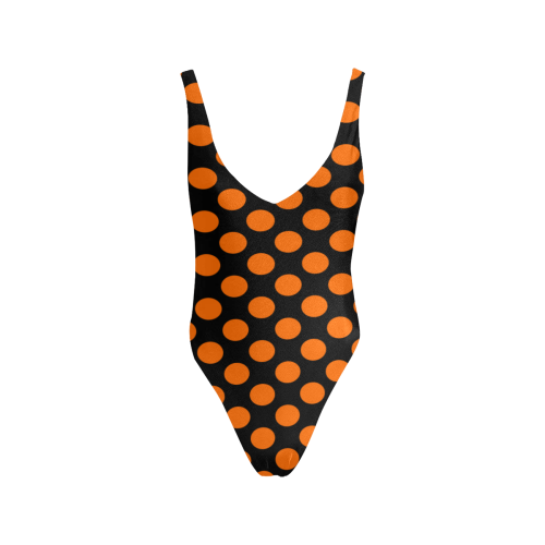 Orange Polka Dots on Black Sexy Low Back One-Piece Swimsuit (Model S09)