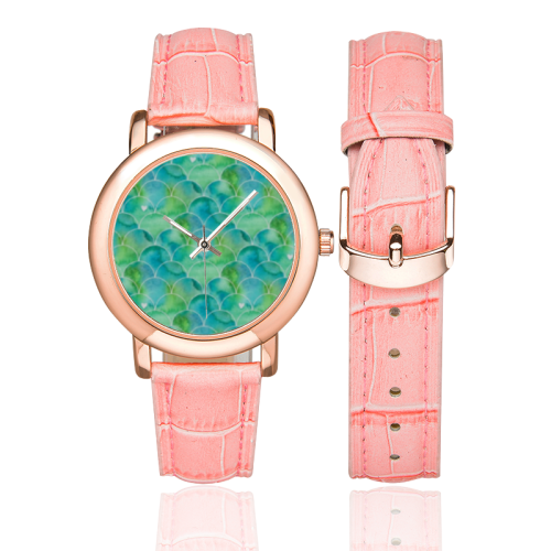 Mermaid SCALES green blue Women's Rose Gold Leather Strap Watch(Model 201)