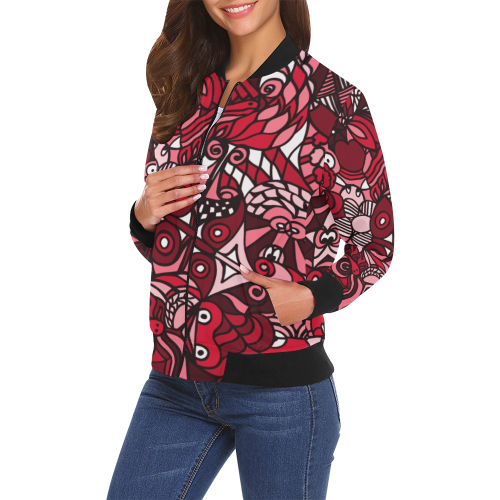 wine red burgundy doodle art floral pattern All Over Print Bomber Jacket for Women (Model H19)