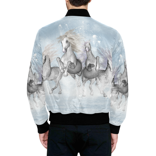 Awesome white wild horses All Over Print Quilted Bomber Jacket for Men (Model H33)