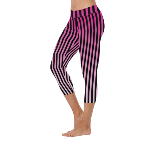 Pink Ombre Stripes on Black Women's Low Rise Capri Leggings (Invisible Stitch) (Model L08)