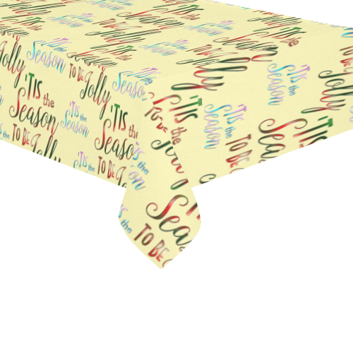 Christmas 'Tis The Season Pattern on Yellow Cotton Linen Tablecloth 60"x 104"