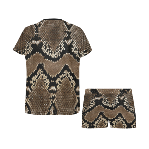 Snakeskin Pattern Dark Brown Women's Short Pajama Set