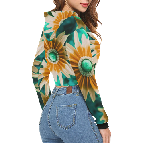 Yellow Orange Flower on Turquoise Green Photo All Over Print Crop Hoodie for Women (Model H22)