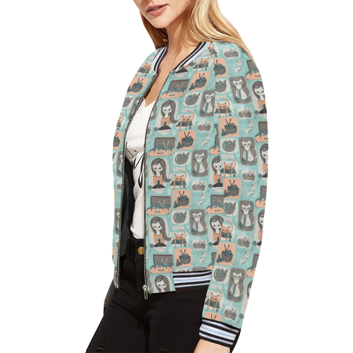 Cat is Embroiderers All Over Print Bomber Jacket for Women (Model H21)
