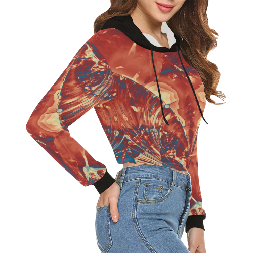 Abstract Fractal Painting - dark red blue beige All Over Print Crop Hoodie for Women (Model H22)