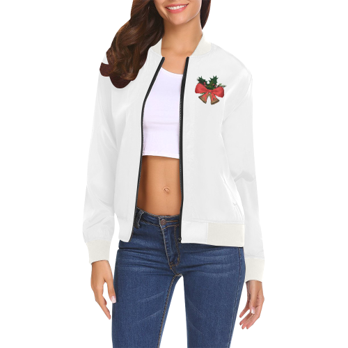 xmas bells decoration on white background with red ribbon All Over Print Bomber Jacket for Women (Model H19)