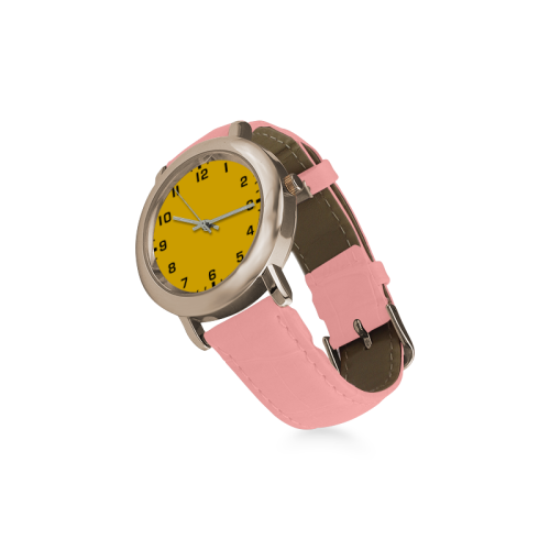 Rounded rectangle number YELLOW Women's Rose Gold Leather Strap Watch(Model 201)