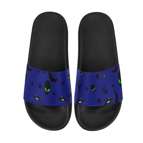Alien Flying Saucers Stars Pattern (Blue) Women's Slide Sandals (Model 057)