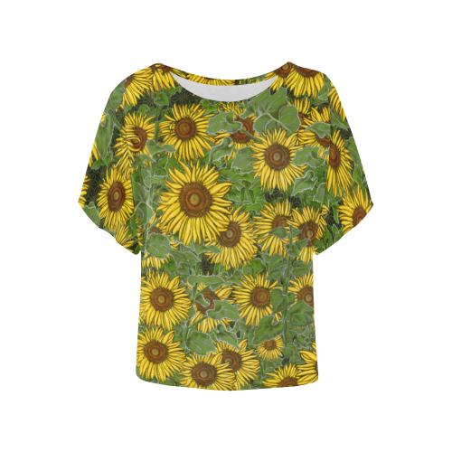 Sunflower Field Women's Batwing-Sleeved Blouse T shirt (Model T44)