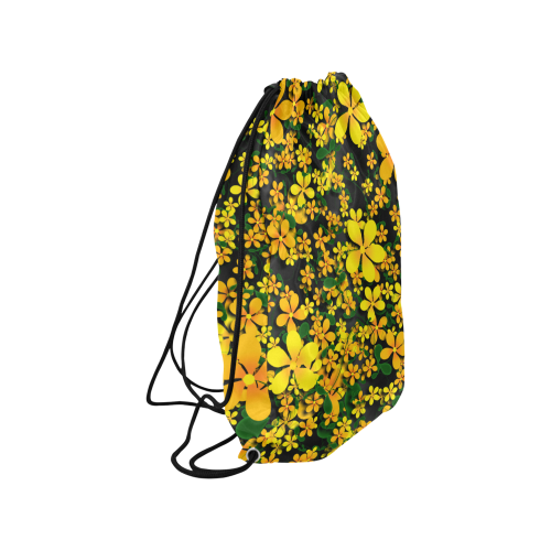 Pretty Orange & Yellow Flowers on Black Medium Drawstring Bag Model 1604 (Twin Sides) 13.8"(W) * 18.1"(H)