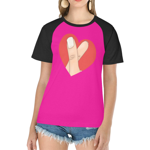 Red Heart Fingers / Pink Women's Raglan T-Shirt/Front Printing (Model T62)