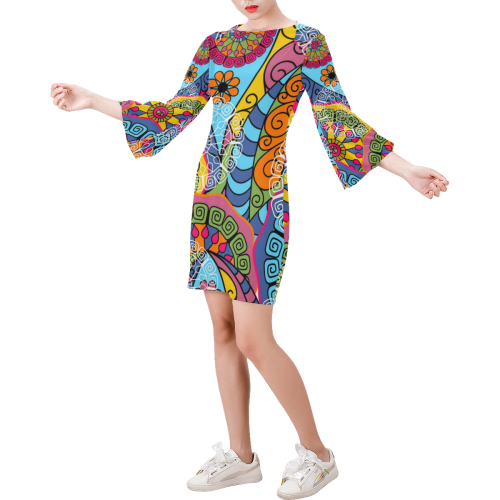 Colorful Vintage Pattern Bell Sleeve Dress (Model D52)
