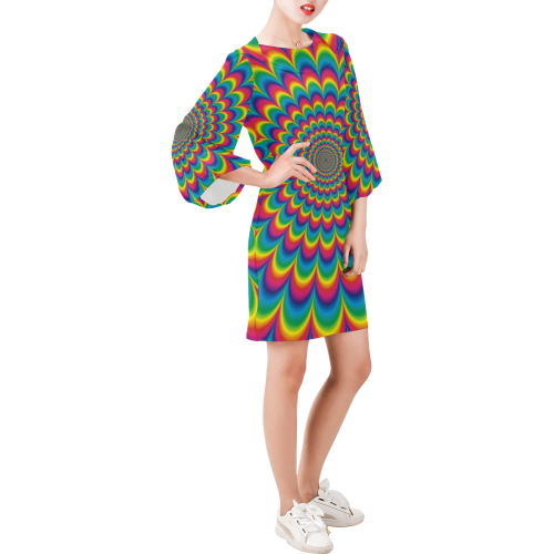 Crazy Psychedelic Flower Power Hippie Mandala Bell Sleeve Dress (Model D52)
