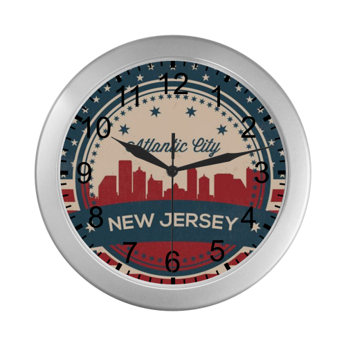Atlantic City New Jersey Retro Skyline Silver Color Wall Clock