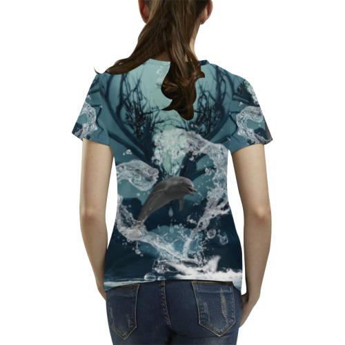 Dolphin jumping by a heart All Over Print T-Shirt for Women (USA Size) (Model T40)