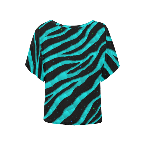 Ripped SpaceTime Stripes - Cyan Women's Batwing-Sleeved Blouse T shirt (Model T44)