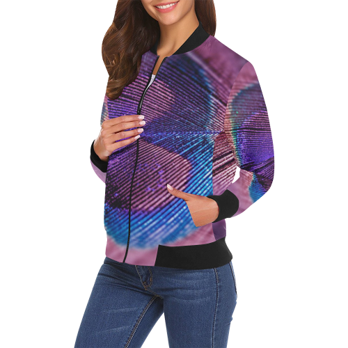 Purple Peacock Feather All Over Print Bomber Jacket for Women (Model H19)