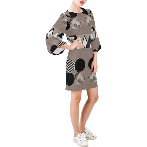 Grey, Black and White Geometric Shapes Design By Me by Doris Clay-Kersey Bell Sleeve Dress (Model D52)