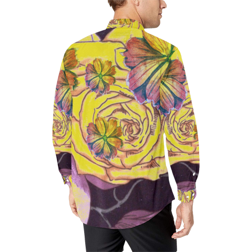 Watercolor Flowers Yellow Purple Green Men's All Over Print Casual Dress Shirt (Model T61)