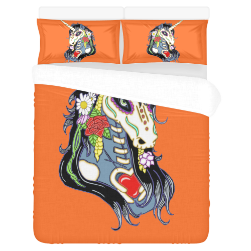 Spring Flower Unicorn Skull Orange 3-Piece Bedding Set