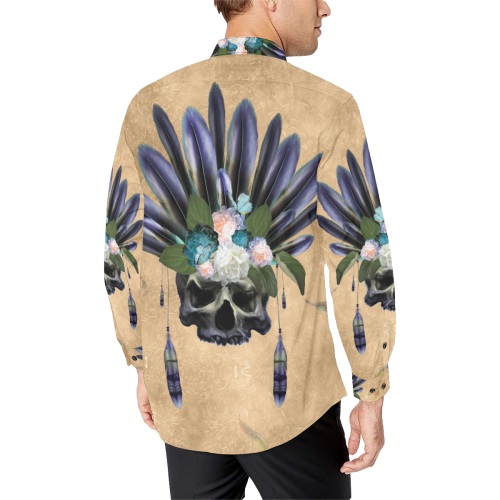 Cool skull with feathers and flowers Men's All Over Print Casual Dress Shirt (Model T61)