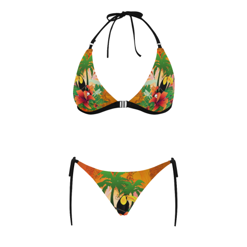 Funny toucan, tropical design Buckle Front Halter Bikini Swimsuit (Model S08)