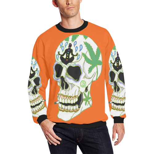 Enlightenment Sugar Skull Orange Men's Oversized Fleece Crew Sweatshirt (Model H18)