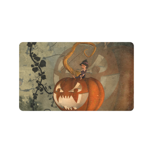 Halloween, funny pumpkin with witch Doormat 30"x18" (Black Base)