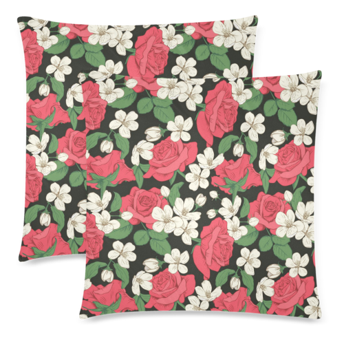 Pink, White and Black Floral Custom Zippered Pillow Cases 18"x 18" (Twin Sides) (Set of 2)
